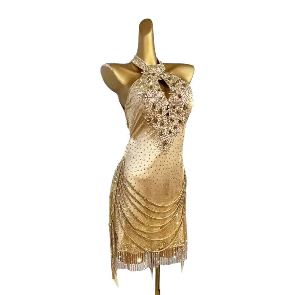 Latin Dance Competition Women's High-end Customized Gold Dress With Diamond Stripes, Tassel, Samba Performance, Rhinestone Dress