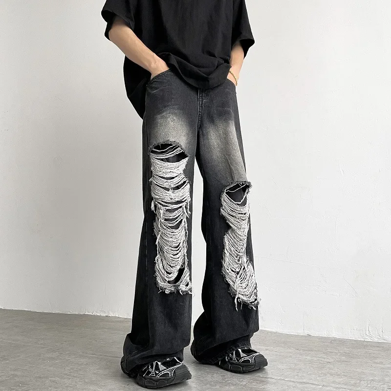 

Новые мужские джинсы с дырками, джинсы полной длины с широкими штанинами, рваные джинсовые потертые брюки с высокой талией, потертые повседневные карманы на молнии, осень