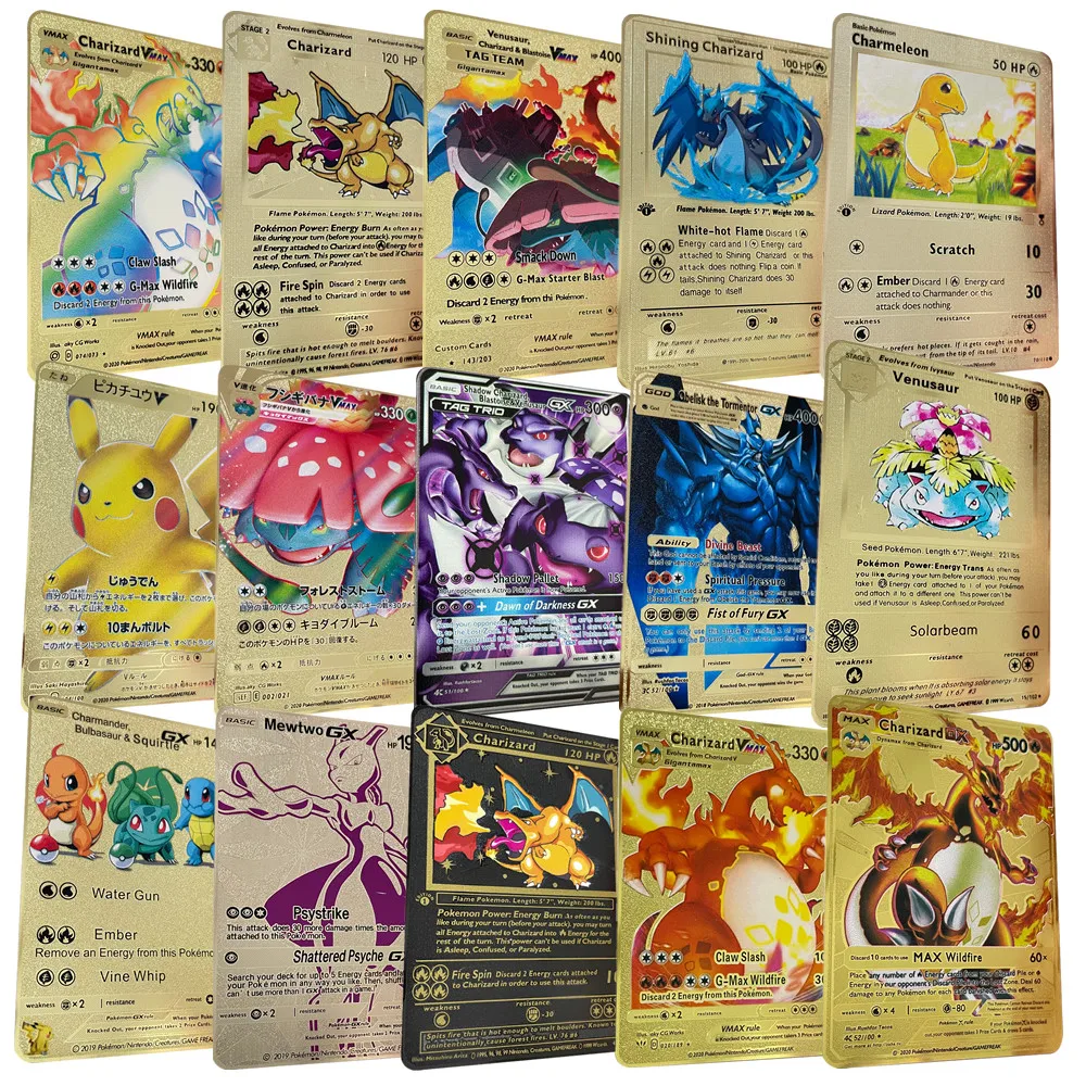 Englische Version Pokemon Metallkarten Anime-Figuren Pikachu Charizard Mewtwo Kampf-Sammelkartenspiel Goldene Sammelkarten