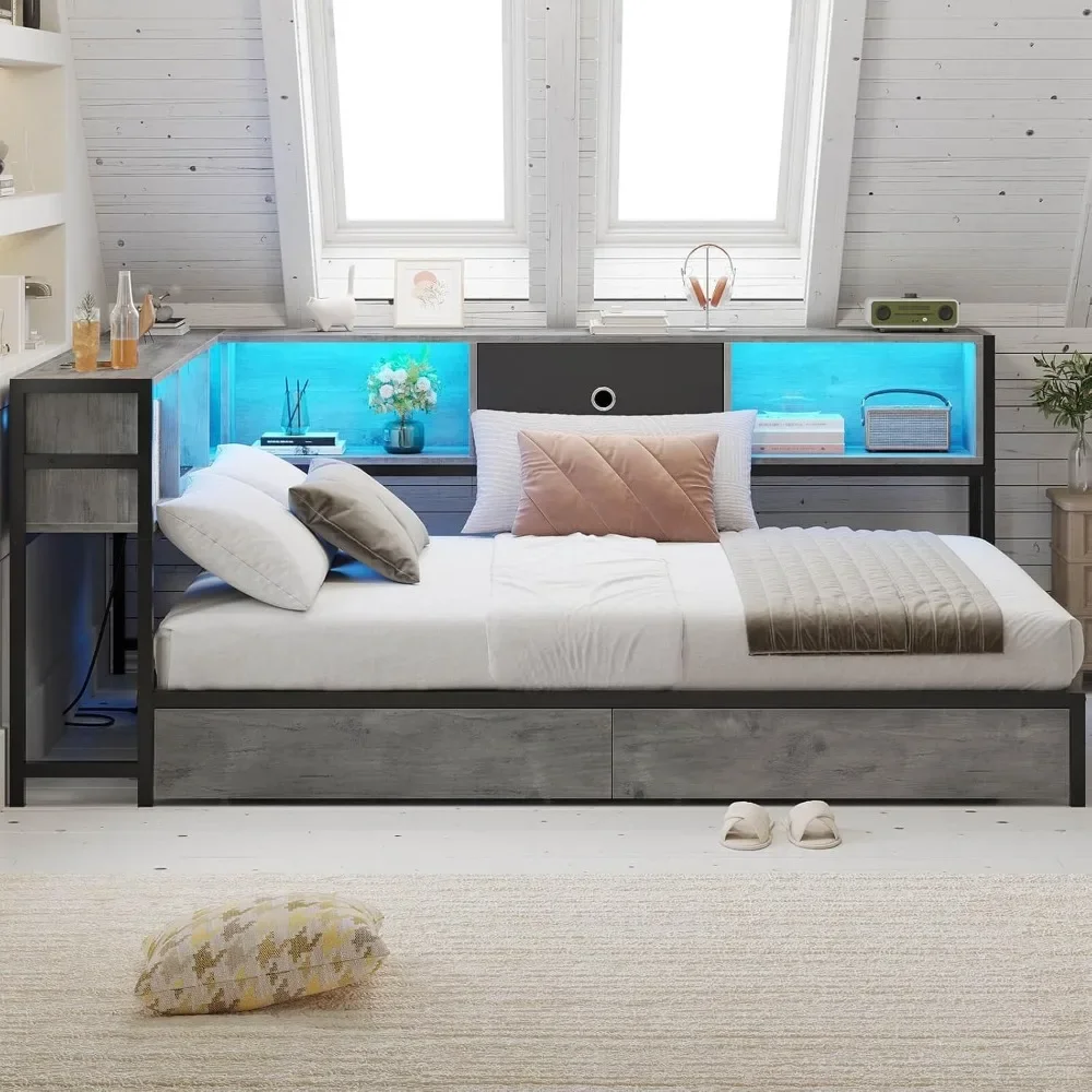 Corner Bed Frame with Storage Bookcase,  Storage Drawers Underneath, Charging Station and LED Light, Children Full Bed Frame