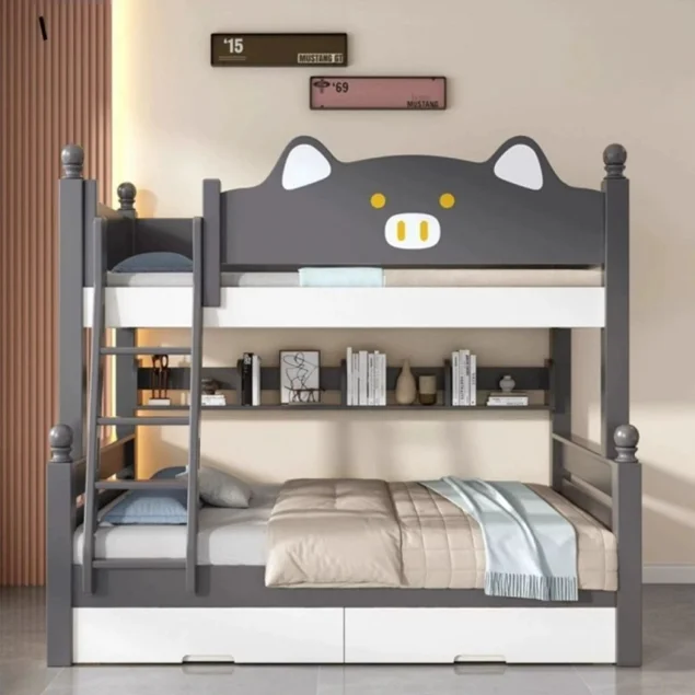 Cartoon rubber solid wood two beds children's bunk bed  high and low beds