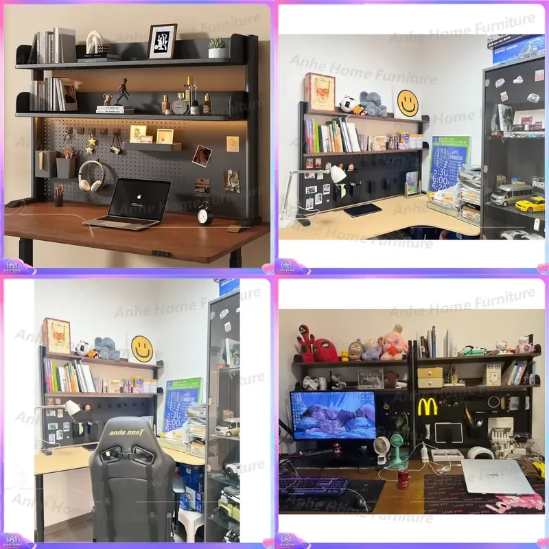 Adjustable Desk Shelf with Pegboard Desktop Organizer Cable Management Hooks Storage Box No Drill for Home Office Living Room