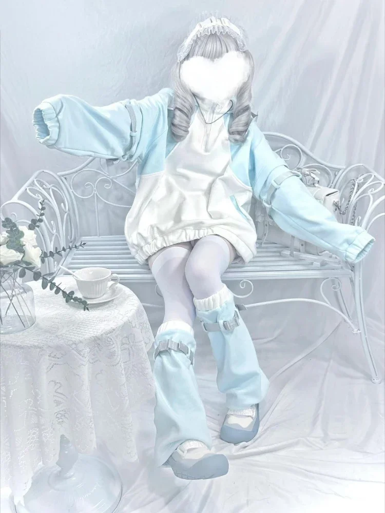 Japanese Contrast Cat's Ears Hoodies Women Y2k Aesthetic Patchwork Grunge Coat Loose Detachable Sleeve Sweatshirt