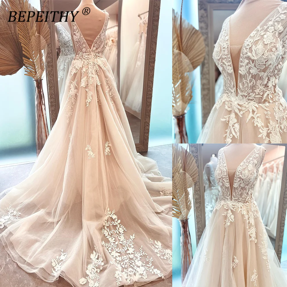 

BEPEITHY A Line Champange Boho Wedding Dresses For Women Sleeveless Sexy Backless V Neck Bride Court Train Lace Bridal Gown