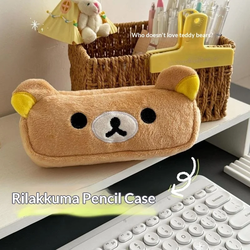 2026 Cute Plush Rilakkuma Pen Case is a high-aesthetic, large-capacity, minimalist stationery case perfect for students, filled