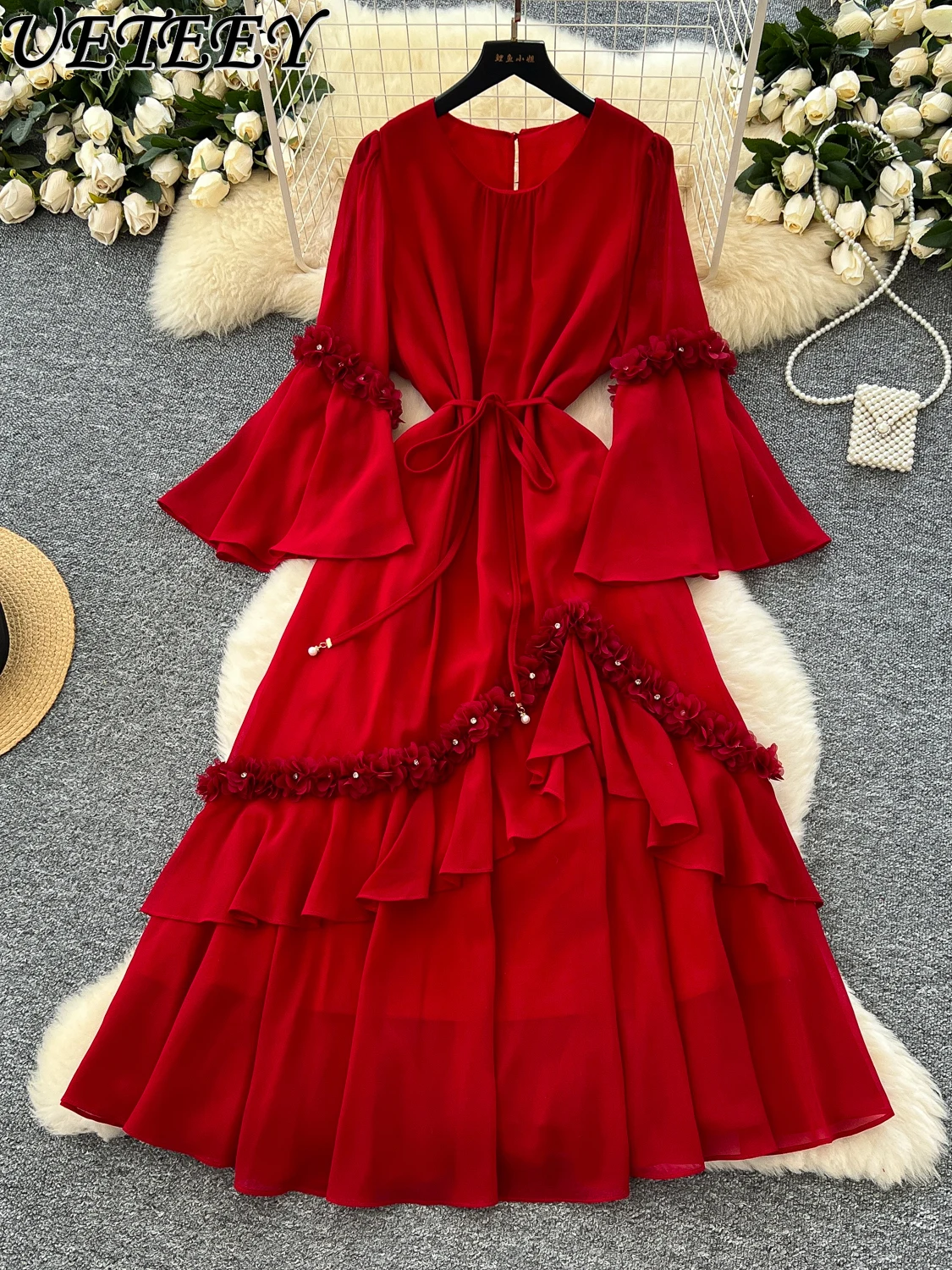 

French Elegant Heavy Industry Beads Flower Strap High Waist Flared Sleeve Dress Women's Skinny Temperament Long Dresses