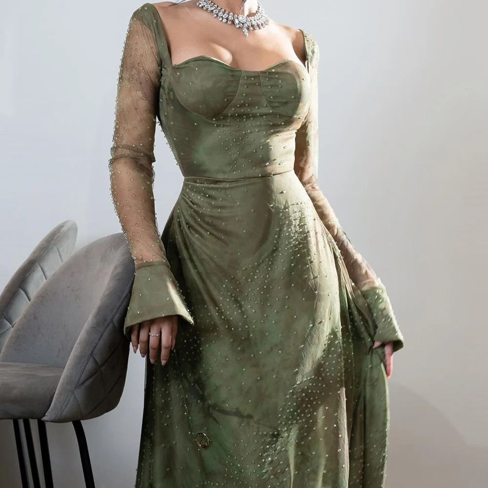 

Temperament Beading Square Neck Floor Length A-Line Evening Dress Chiffon and Tulle Long SleevesZipper Back Vestido De Festa