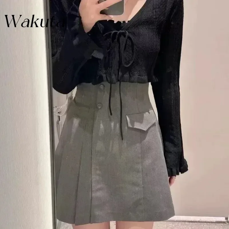 WAKUTA Plaid Women Faldas High Waist Pleated Skirts Japan Shorts Skirt Autumn Sweet Ropa Mujer A-line Falda Y2K Clothes 니트 스커트