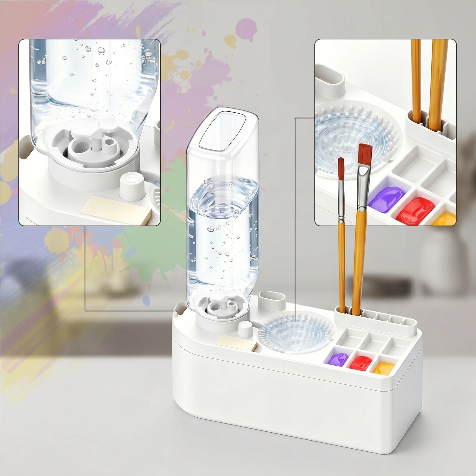 Paint Brush Washer with Palette Allall-in-1 Brush Cleaner with Water Tank Compact Tabletop for Students, Watercolor Painting
