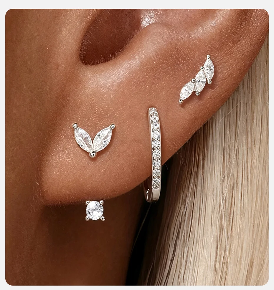 Vnox Luxus 3 Paar Geometrische Creolen-Sets für Damen Silberfarbene Zirkon-Ohrhänger Hypoallergener Schmuck für den Alltag – Detail 2