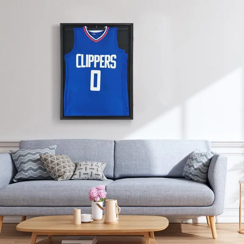 Présentoir Maillot 88 x 68 x 10 cm en Bois et Verre PC Noir Mat avec Cadre Fermé et Support Cintre pour Collection Sportive Baseball Basketball Football Hockey Décoration Murale Maison