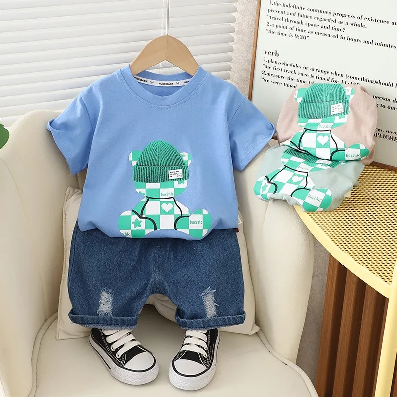 Summer new short-sleeved suit boys round neck T-shirt pure cotton breathable handsome clothes girl baby cute print two-piece set