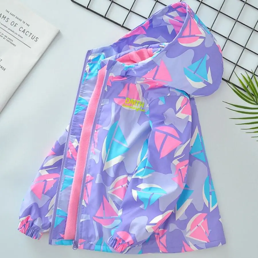 Fashion Girl\'s Fleece Hooded Coat Outdoor Thick Winter Waterproof Jackets For Kids Warm Clothes Autumn Girls Windbreaker