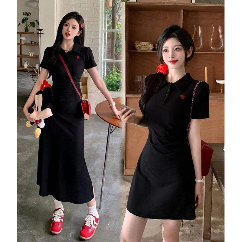 plus Size Short Sleeve Dress Women Summer Waist Cinching Slimming Black Long Dress Fat MM College Style Embroidery Colla...