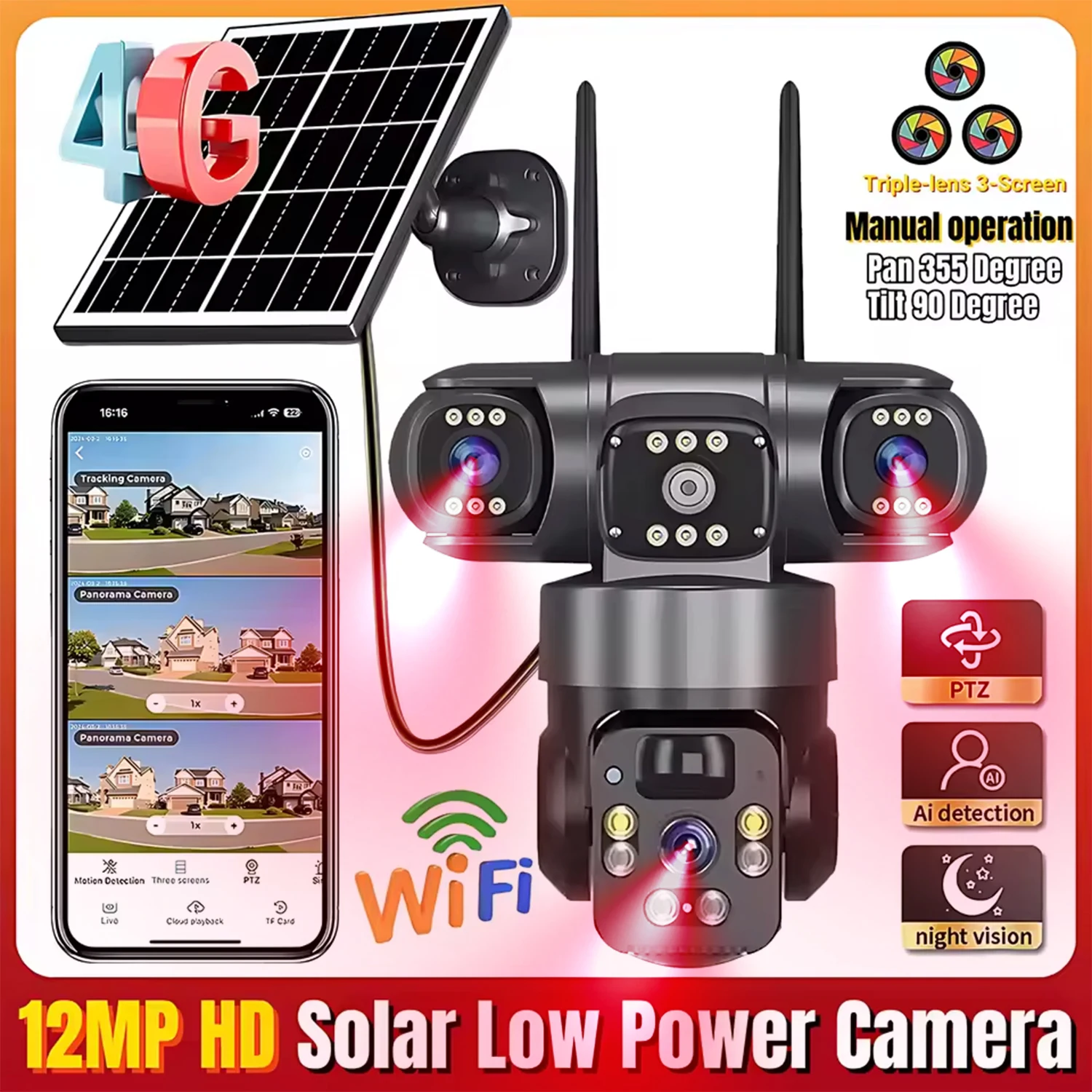 

New Safety 4GWIFI Solar Camera HD 12MPThree Lens PTZ Camera Outdoor Camera Waterproof IP CCTV Two-Way Intercom Night Camera 2025