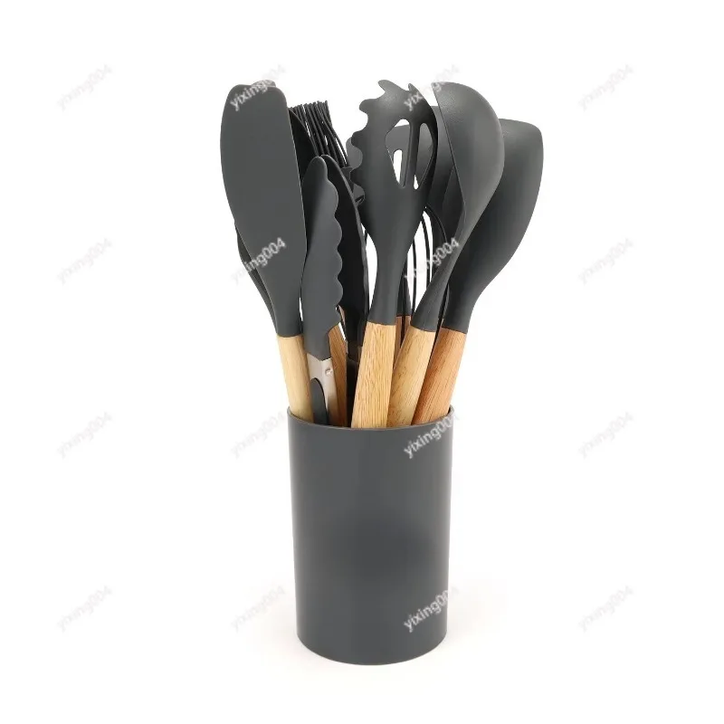 

12 Pieces Silicone Cooking Utensils, Wooden Handle Non-stick Kitchen Tool Set with Storage Bucket
