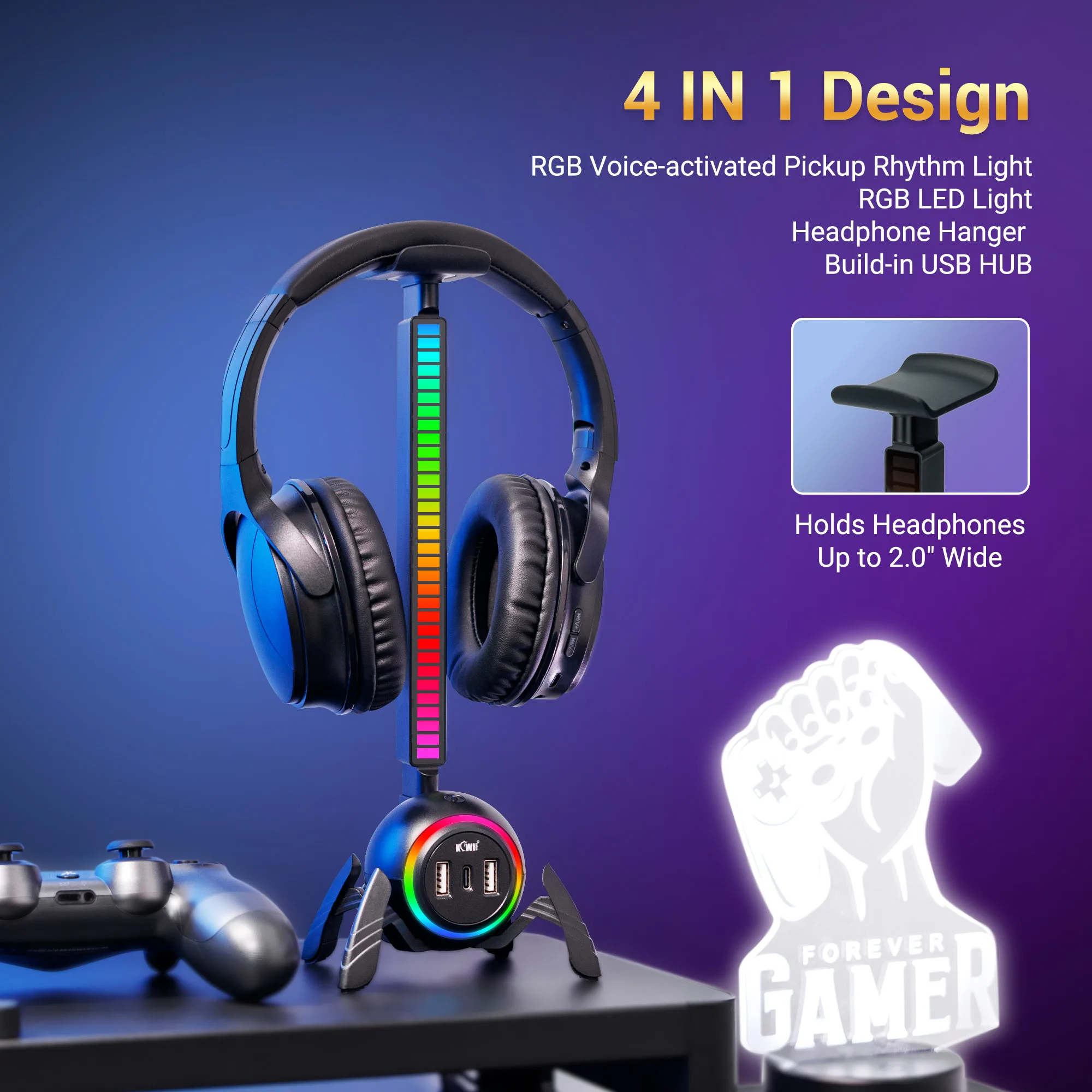 Headphone Stand Spider Design Headset Holder with RGB Pickup Rhythm Light & Type-C USB Port Headset Stand PC Gaming Accessories