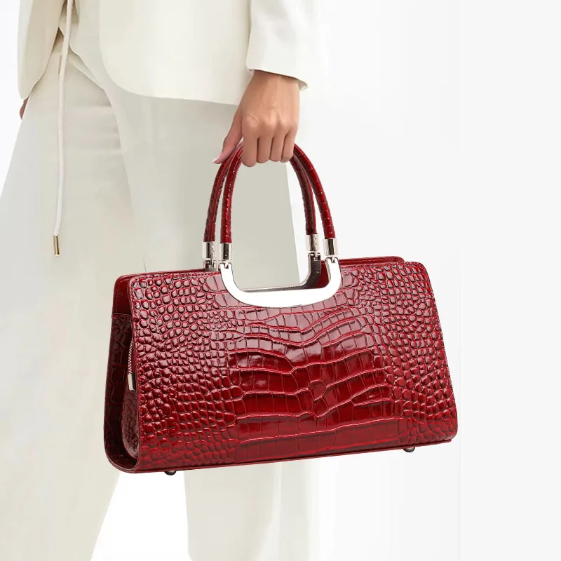 

Genuine Cowhide Glossy Croc Embossed Rectangular Handbag Metal Handle Detachable Cross Strap Multi Pocket Ladies Bag Daily Work