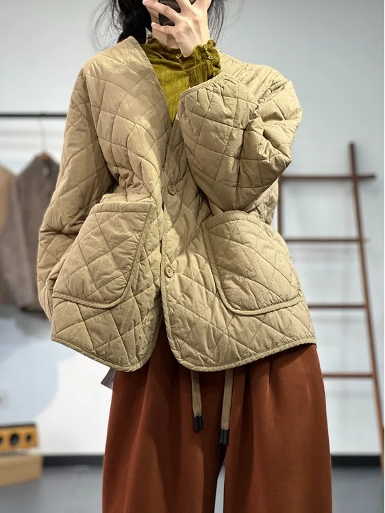 

Ladies Casual Loose V-Ne Cotton Jaet Retro Sle Thiened Long Sve Winter Coat Warm Fluffy Outerwear Korean Version