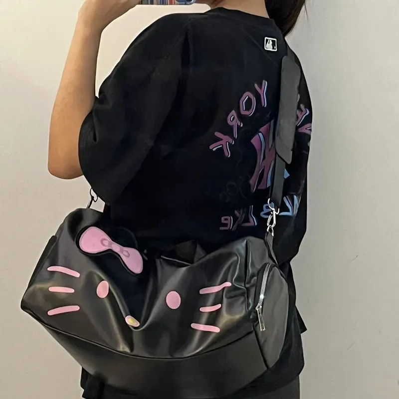 Sanrio HelloKitty Cartoon Cute Woman Travel Bag Girl Single Shoulder Black Leather HelloKitty Fitness Tote Crossbody Travel Bag