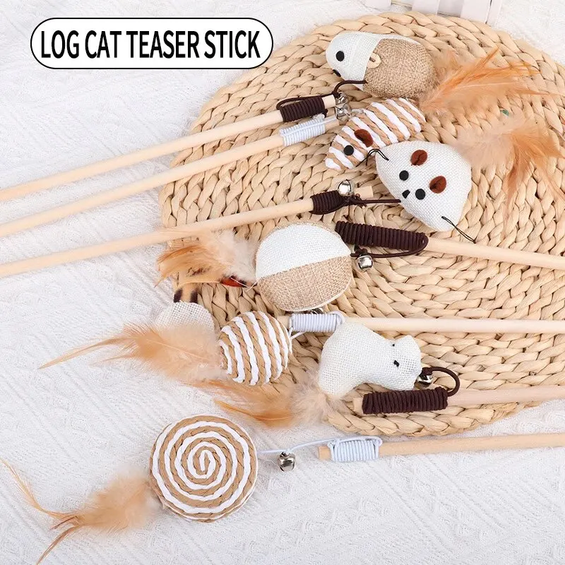 New Wooden Stick Cat Toy, Feather Bell Mouse Interactive