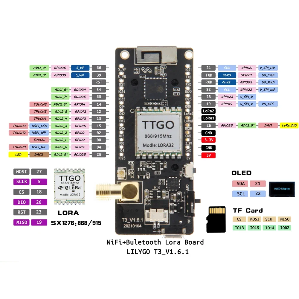 LILYGO® TTGO LoRa32 V2.1_1.6 Version 433/868/915Mhz ESP32 LoRa OLED 0.96 Inch SD Card Bluetooth WIFI Wireless Module ESP-32 SMA