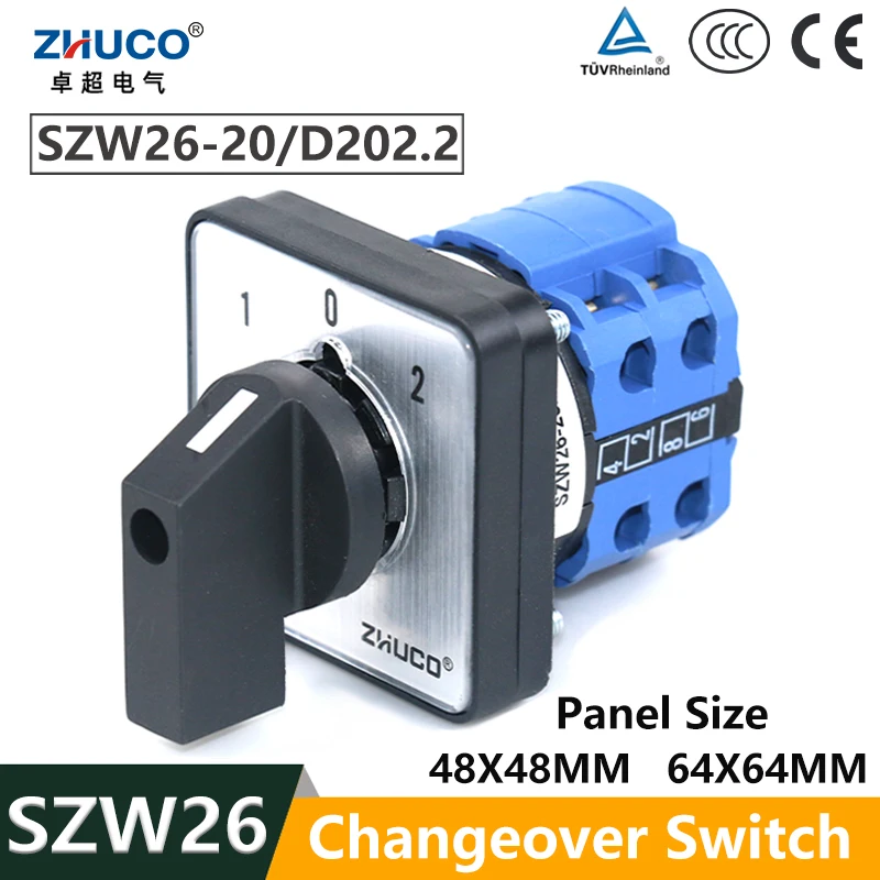 zhuco-szw26-lw26-20-660v-20a-chave-seletora-rotativa-de-cames-com-travamento-automatico-2-polos-8-terminais-conexao-por-transferencia-48x48-64x64-mm-on-off-on