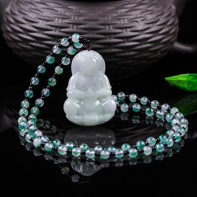 Amulette de Guanyin de glace, Pendentif de jade protecteur de la paix, Collier de jadéite, Ornement suspendu