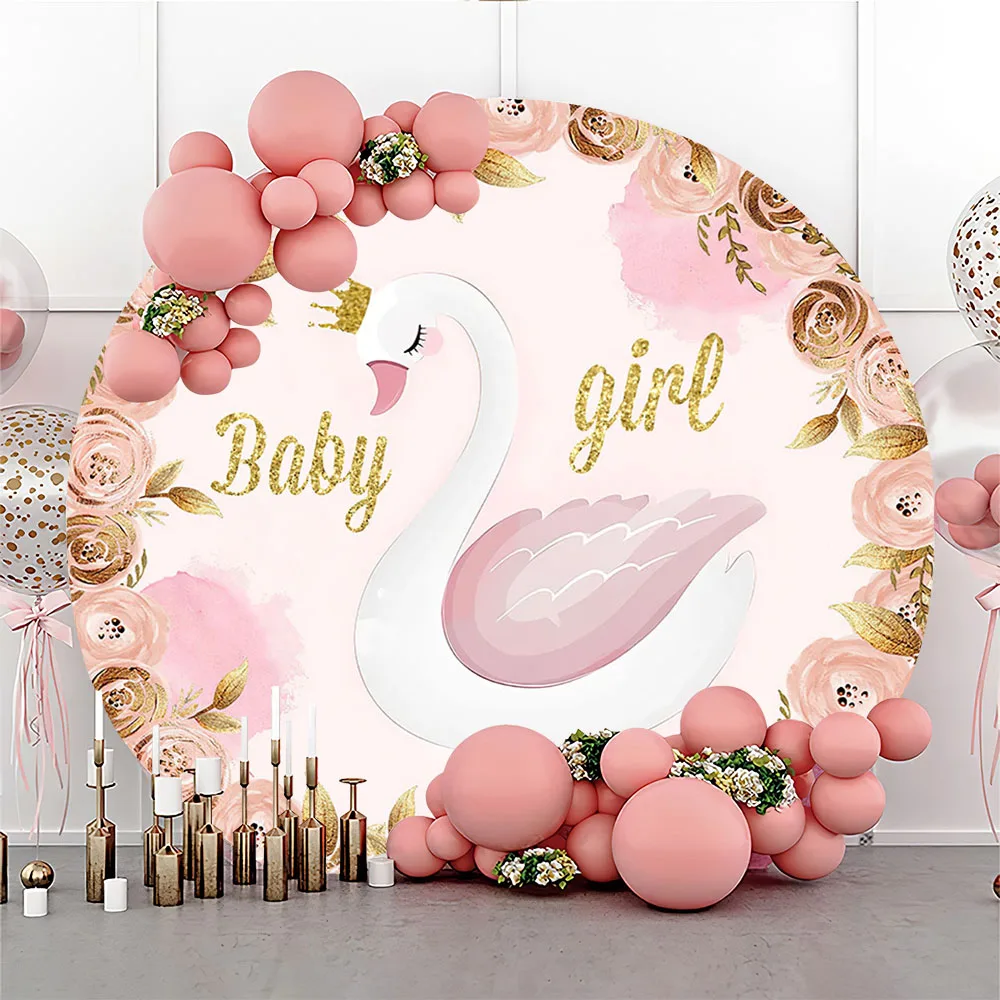 Mehofond Photography Background Pink Gold Flower Swan Girl Birthday Baby Shower Party Elastic Cover Round Photo Backdrop Studio