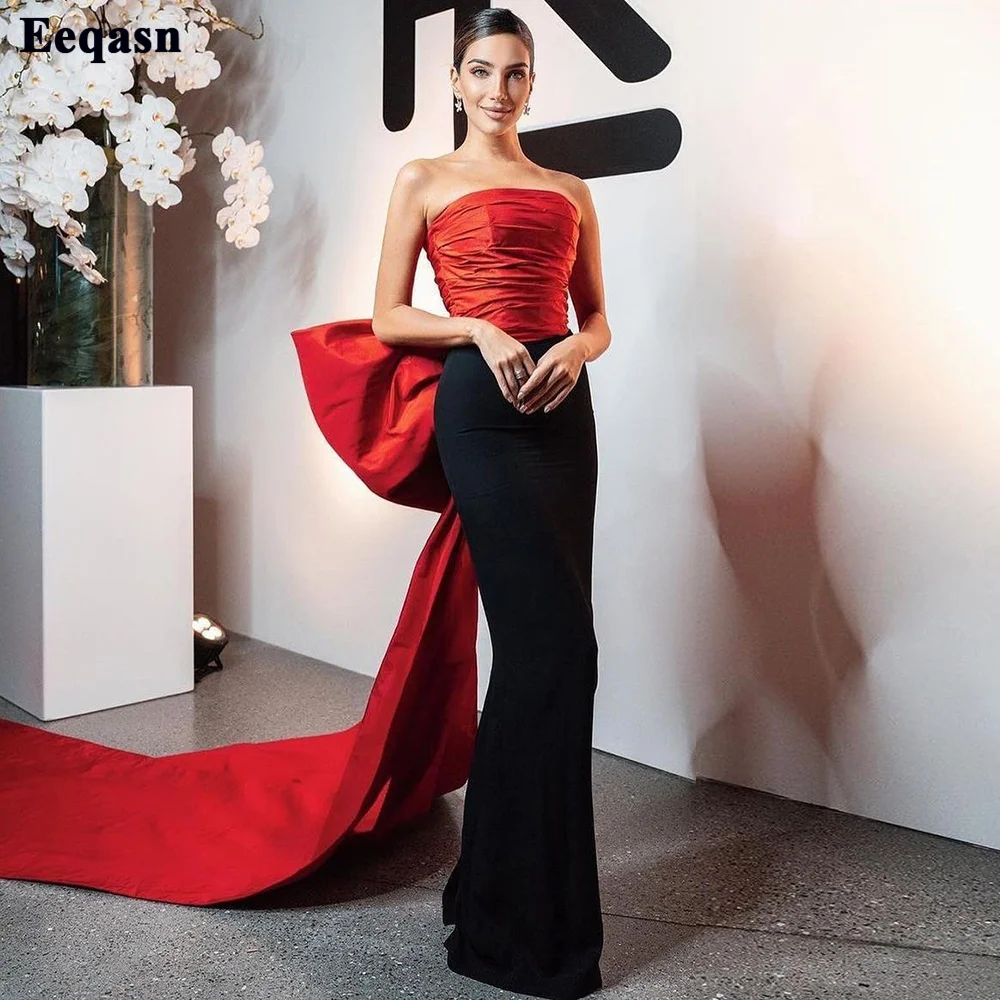 

Eeqasn Black Red Mermaid Saudi Arabia Evening Dresses Big Bow Strapless Bodycon Formal Prom Dress Women Wedding Party Gowns