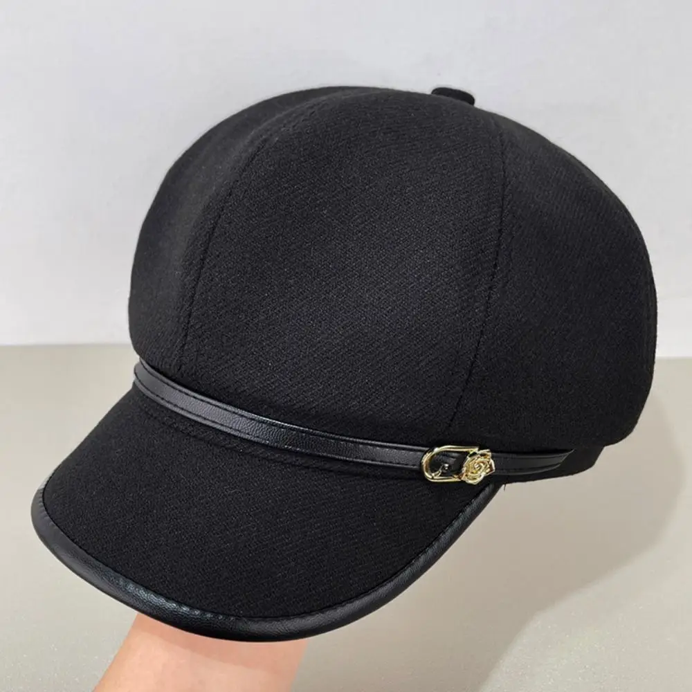Modischer Britischer Stil PU-Leder Baskenmütze Braun mit Gürtelschnalle, Malerhut im Koreanischen Stil, Retro-Künstlerhut für Damen – Detail 15