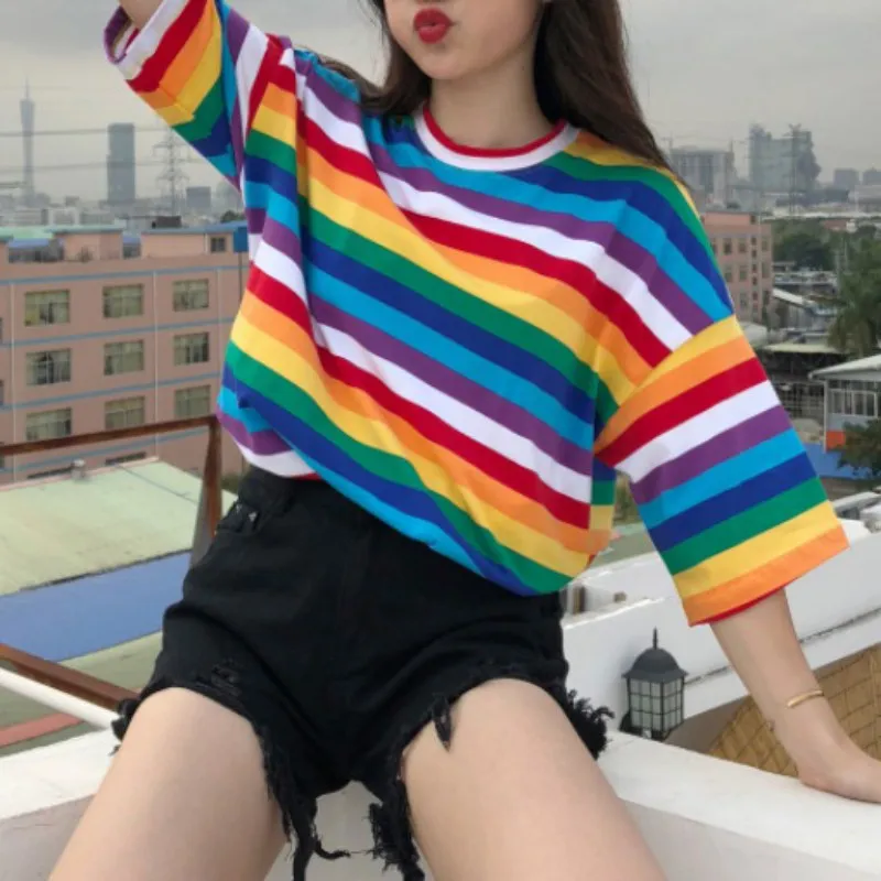 Sweet Rainbow Striped Half Sleeves T-shirts Women\'s Crew Neck Casual Tees Tops
