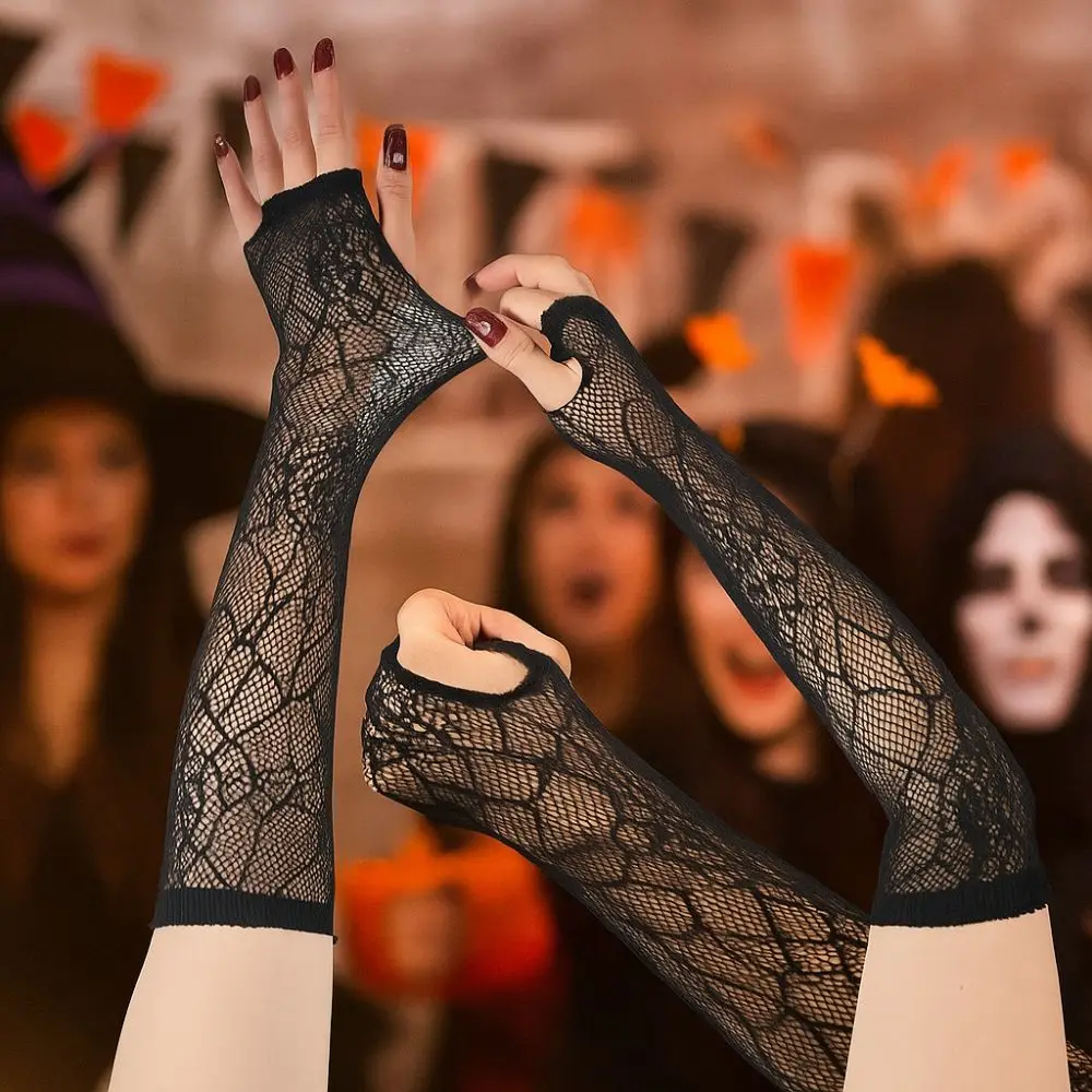 Guanti mezze dita traspiranti a maniche lunghe con ragnatela nera alla moda gotica Guanti a rete elasticizzata in rete Halloween
