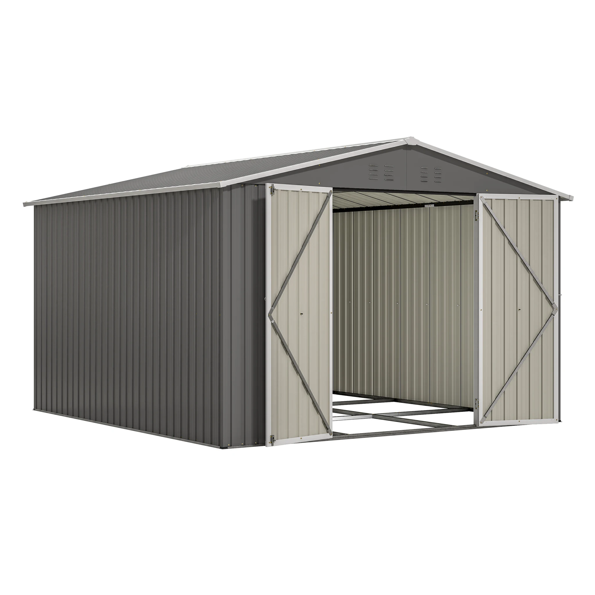 10*10FT Outdoor-Metall-Geräteschuppen mit Bodenrahmen, abschließbaren Doppeltüren und Lüftungsöffnungen, wetterfestes Gartenwerkzeug-Lagergebäude für den Garten, für Rasen- und Gartengeräte