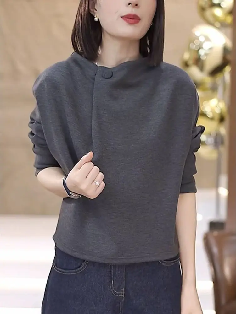 Loose Fit Hoodie Women's Purple Spring Autumn New Fashion Casual Slimming Stand Collar Top Comfortable Breathable Long Sleeve