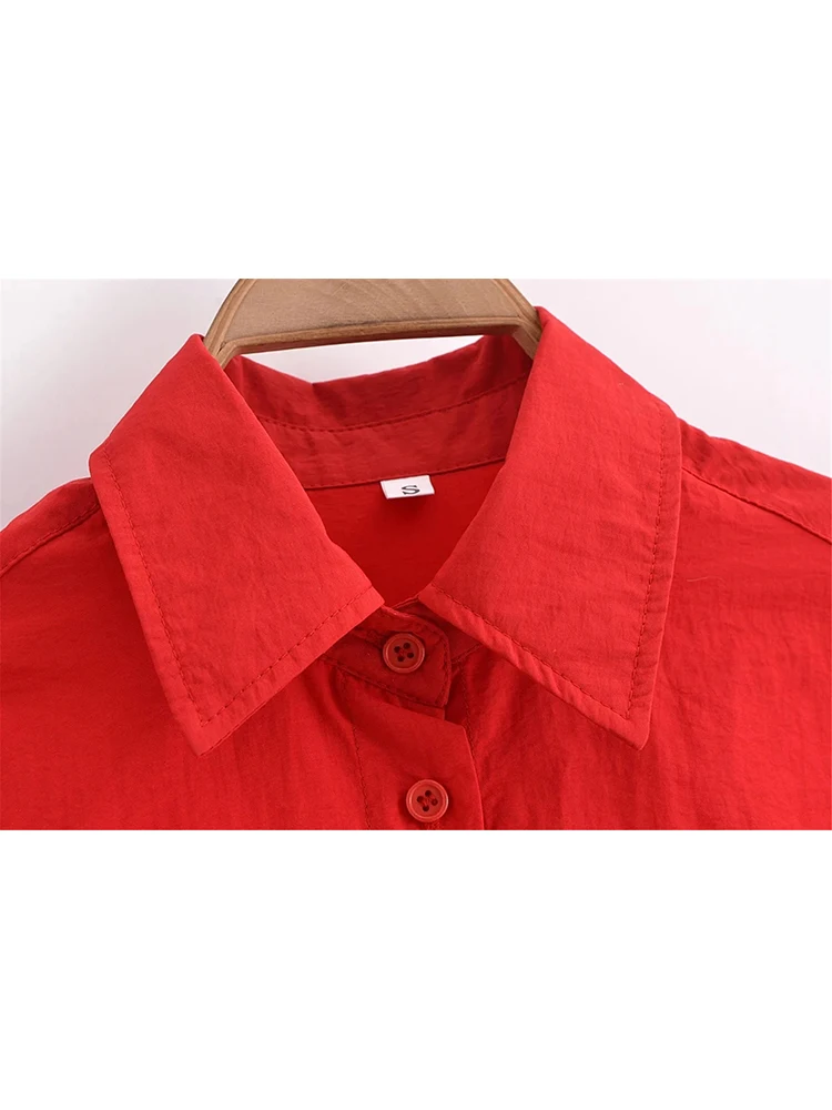 Casual Turn-Down Collar Shirts for Women, Short Red Shirts, Ladies Fashion, Elastic Cuff, Black Loose Tops, Sum