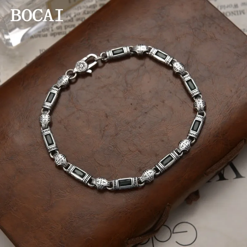 BOCAI New 5mm S925 Sterling Silver Fashion Versatile Vine Grass Pattern, Diamond Inlaid Bracelet for Men and Women