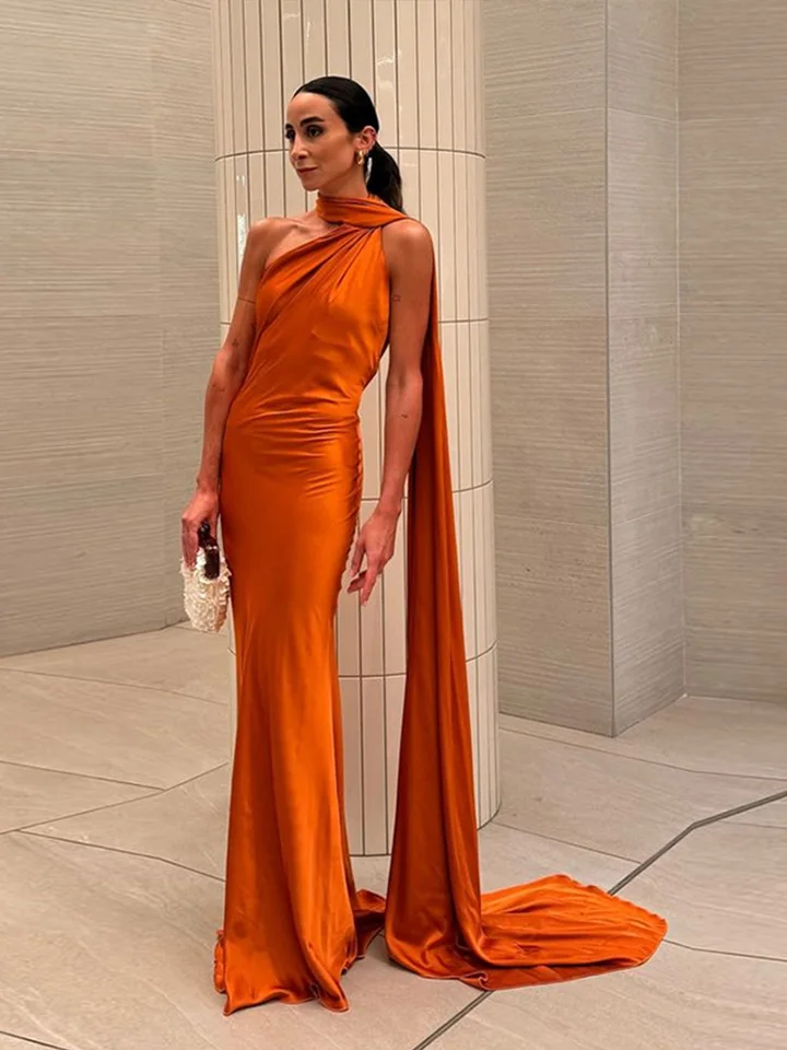 Vestido de fiesta de satén con cinta sexy para mujer, elegante, sin espalda, fuera del hombro, sin mangas, vestido liso de verano 2026 5