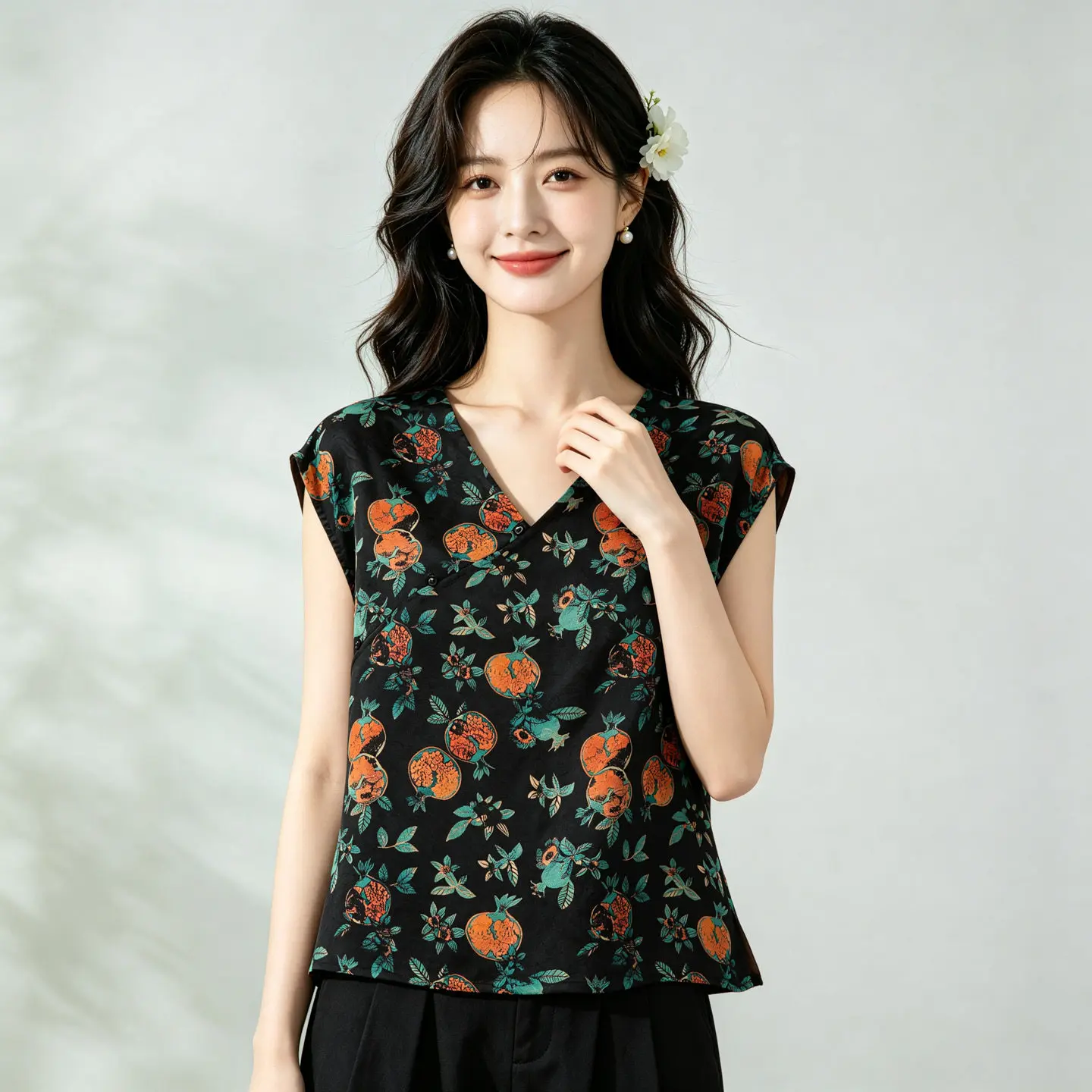 Winsleter-100%Real Silk Watered Gauze Elegant Vest, V Neck Jacquard, Women Retro Chic Commute Loose Vest, 2026 Summer T68302CC