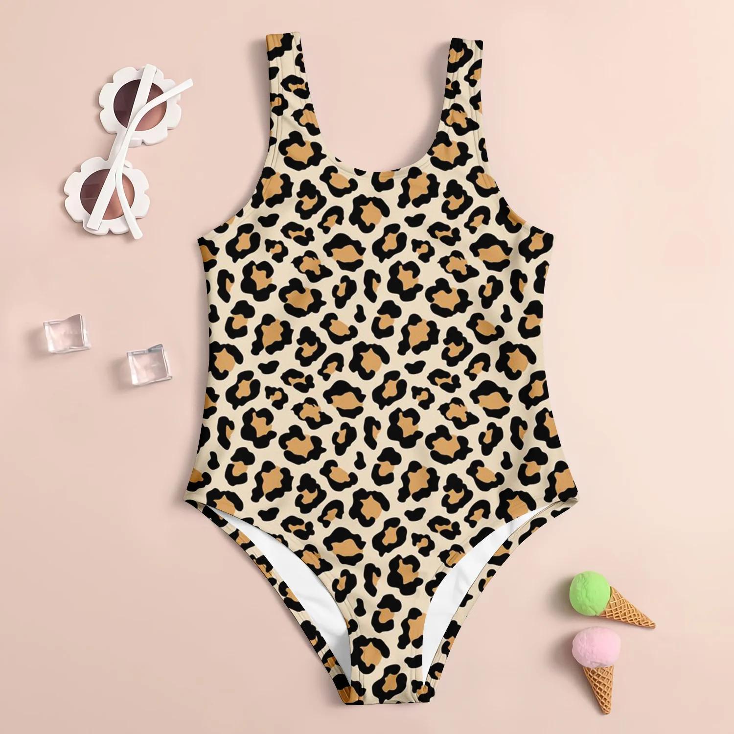 MINISO Girl Summer One-Piece Swimsuit Fashion Cartoon Cute LeopardPrint Hellokitty Print Women Swimwear Sleeveless Swim Clothing