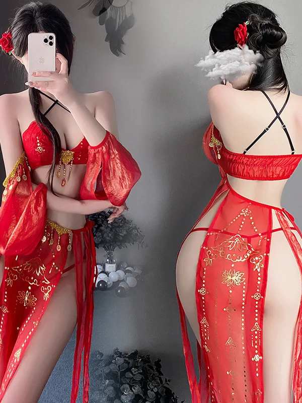 Chinese Retro Tang Dynasty Dress Lingerie Sexy Antique Exotic Beauty Hanfu Uniform Dress Elegant Hot Sexy Red Dresses New G8FG