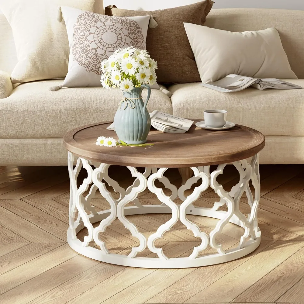

Farmhouse Coffee Table, Distressed Tray Top Table with Curved Motif Frame Base for Boho, Rustic, French Country Decor, Round