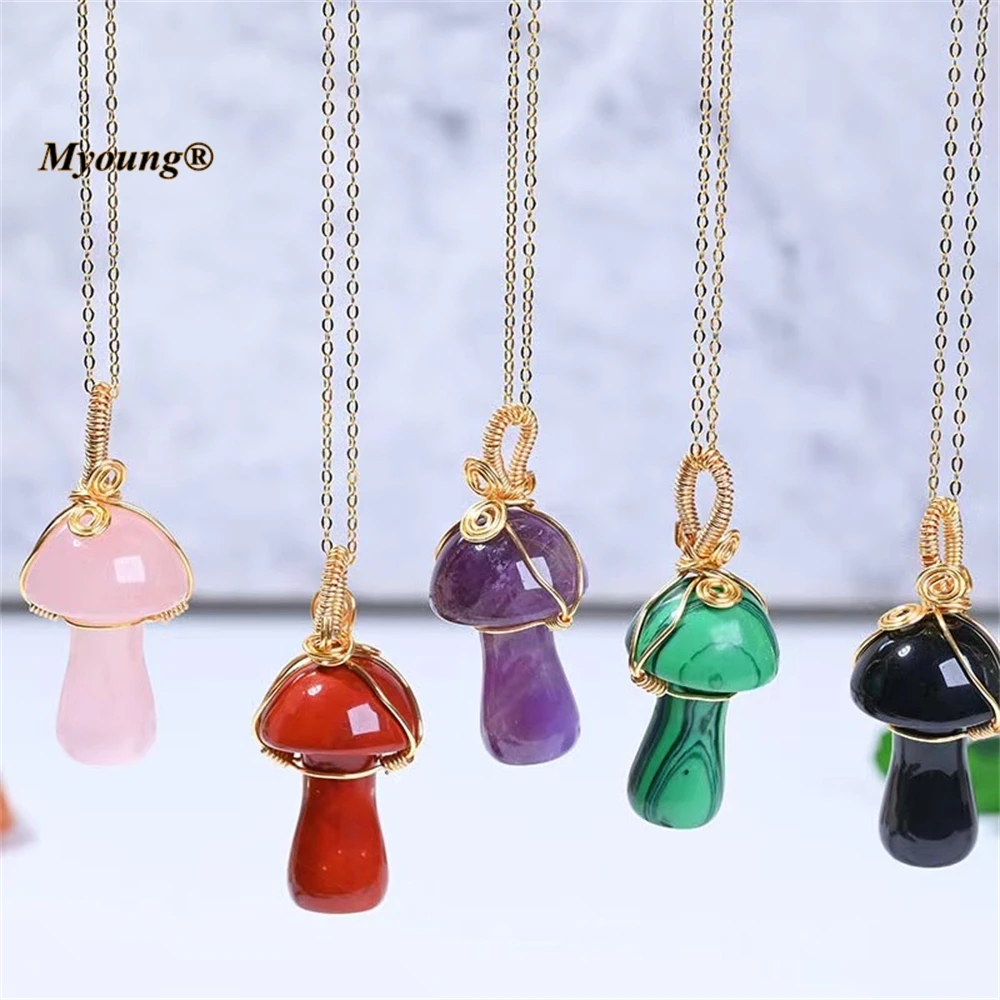 

Cute Mushroom Pendant Natural Gems Stone Crystal Wire Wrapped Pendant Necklace For Women MY220735