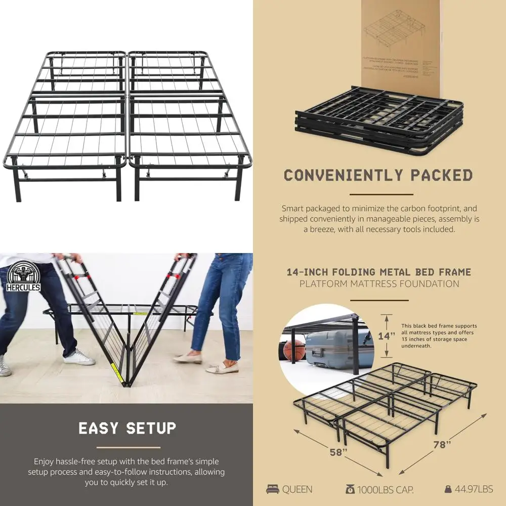Queen Size Metal Folding Bed Frame with 14 Platform Mattress Support, No Box Spring Needed, Sturdy and Easy Assembly