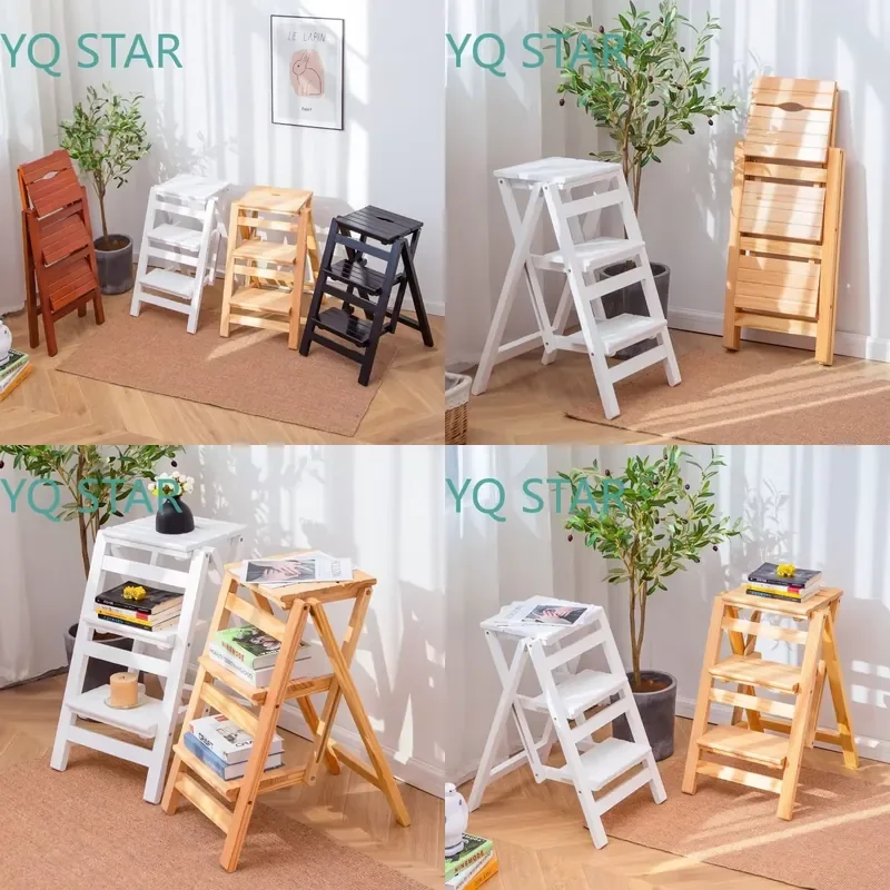 Solid Wood Foldable Small Ladder for Household Use Multi Functional Chair Flower Stand Dual Purpose Bedroom High Stool