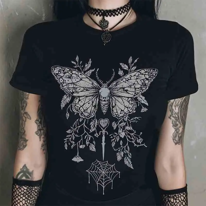 Camiseta con diseño de pentagrama, polilla y telaraña, estilo gótico pastel Y2K, estilo preppy oscuro pastoral, estilo punk alternativo