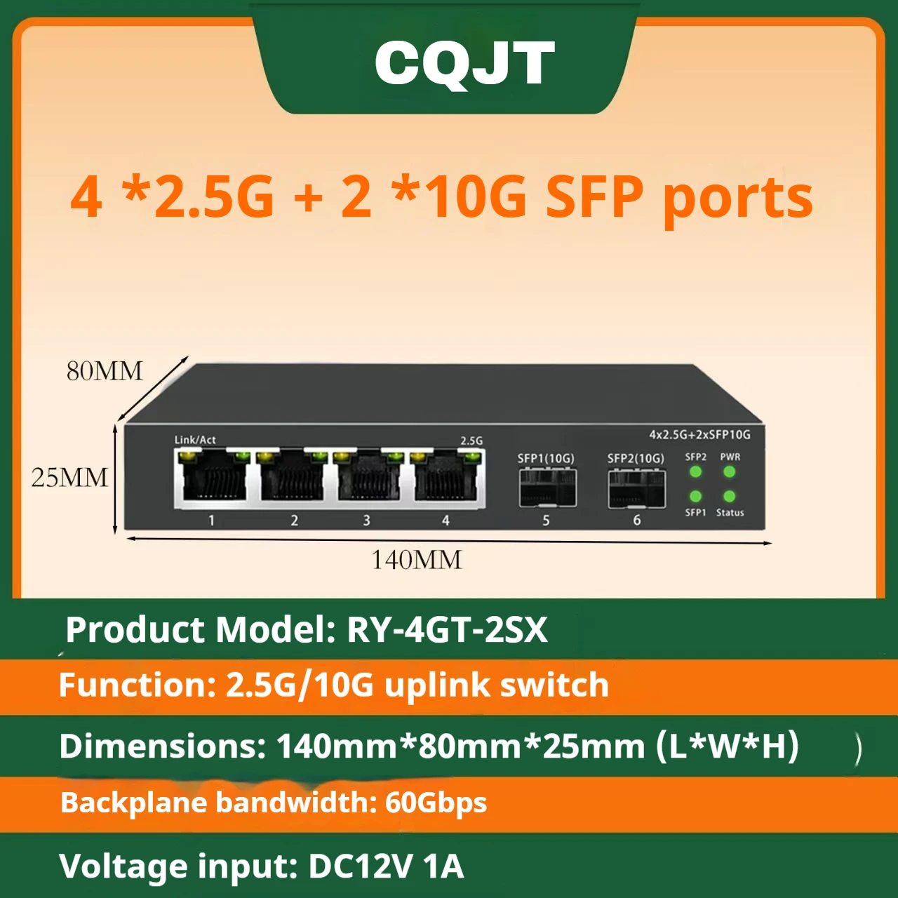 2.5GbE Switch 2.5GBASE-T 4 Port 2.5G RJ45 with 2 Port 10G SFP+ Fanless Plug and Play Network Switch Desktop Wall Mounted