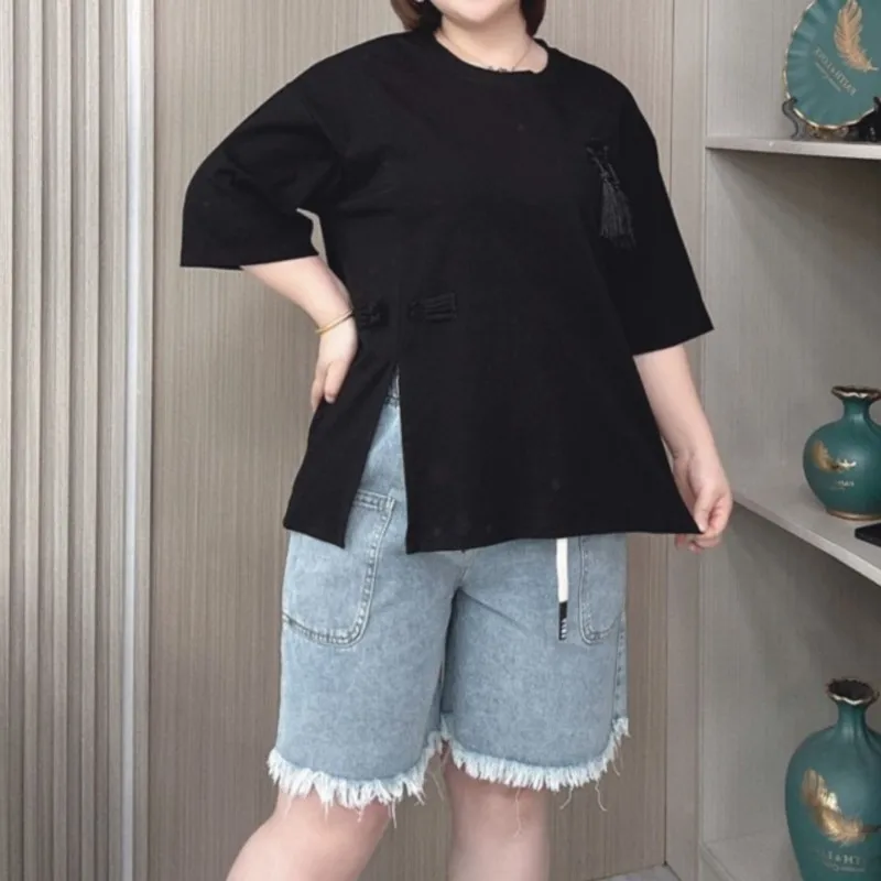 女性用の薄手のコットンTシャツ,大きいサイズ,中国風,ボタン刺繍入りタッセル,サイドスリット,夏,新品,2022