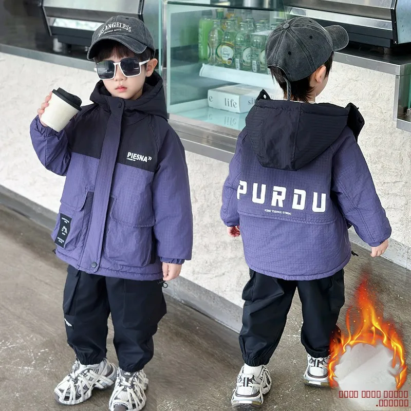 

Thiened Fce Lined adient Color Bomber Jaet Cotton Coat for Boys Autumn Winter Wear with Hat Warmth ket Faionable