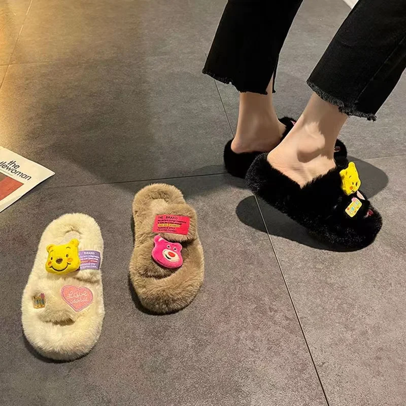 Strawberry Bear Lotso New Women's Fashion Cute Cartoon Wool Slippers Wear Winter Thick Bottom Home Cotton Slippers in Autumn
